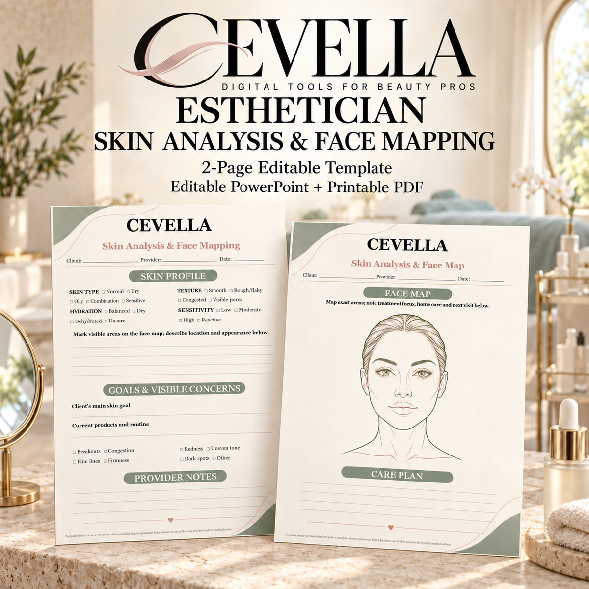 Esthetician Skin Analysis & Face Mapping Worksheet | Editable Beauty Business Template