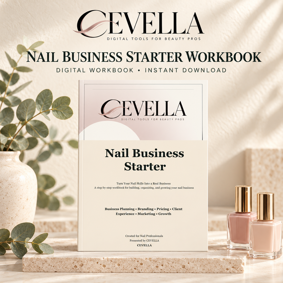 CEVELLA Nail Business Starter Workbook displayed in a nail salon setting