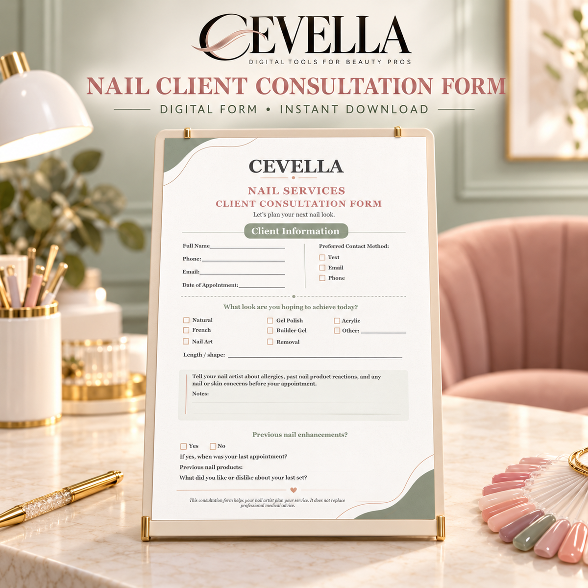 CEVELLA Nail Client Consultation Form displayed in a nail salon setting