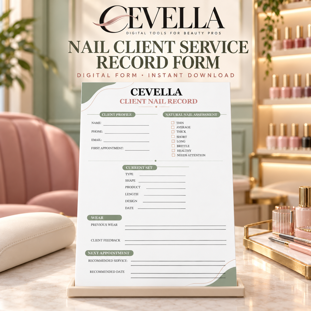 CEVELLA Nail Client Service Record Form displayed in a nail salon setting