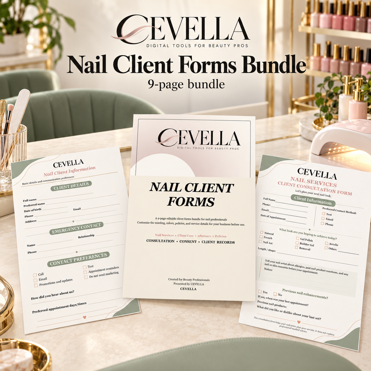 CEVELLA Nail Client Forms Bundle displayed in a nail salon setting