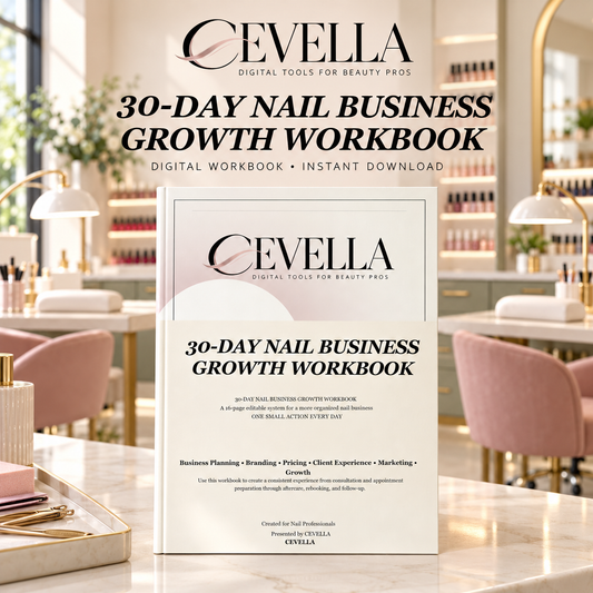 CEVELLA 30-Day Nail Business Growth Workbook displayed in a nail salon setting