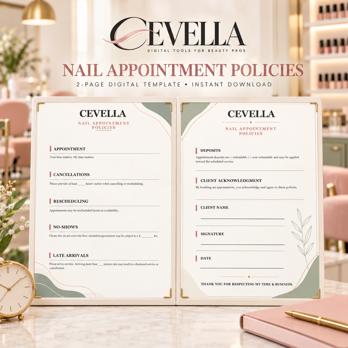 CEVELLA Nail Appointment Policies Template displayed in a nail salon setting