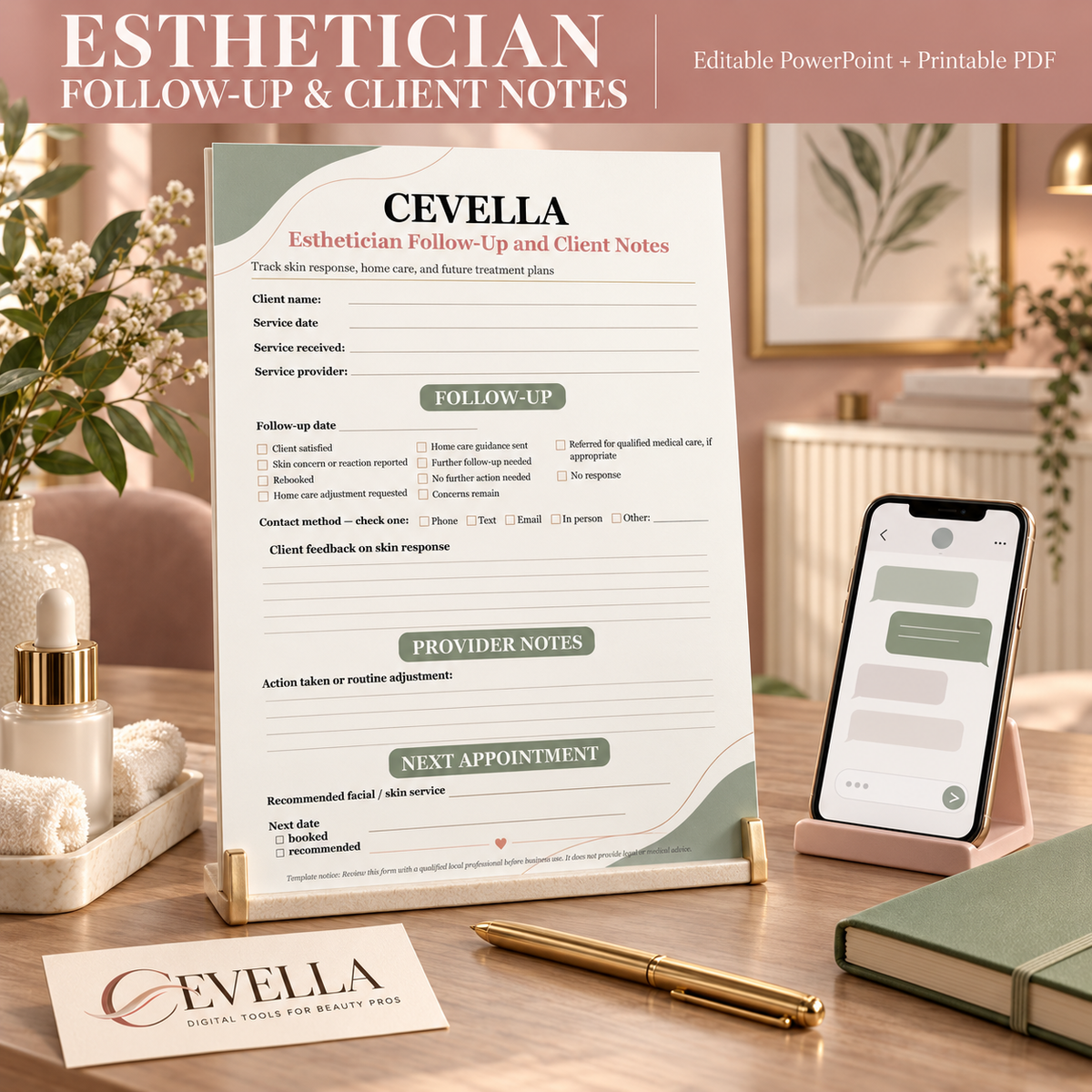 Esthetician Follow-Up & Client Notes | Editable Beauty Business Template