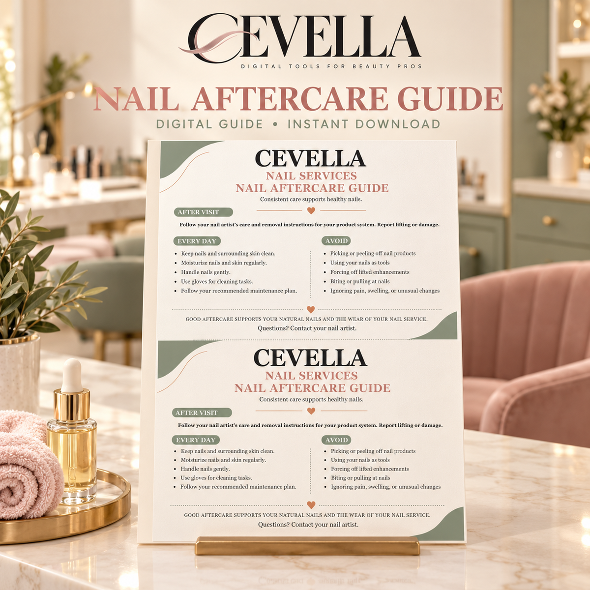 CEVELLA Nail Aftercare Guide displayed in a nail salon setting
