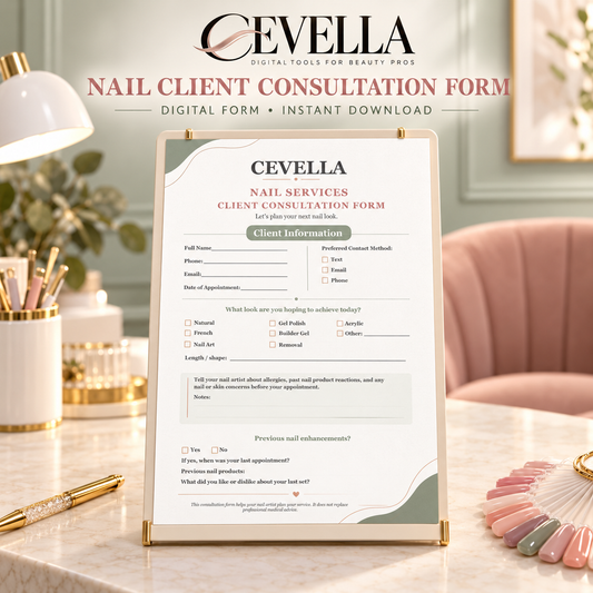 CEVELLA Nail Client Consultation Form displayed in a nail salon setting