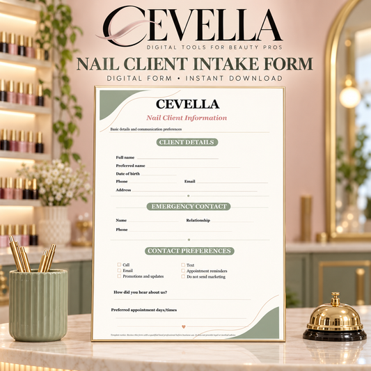CEVELLA Nail Client Intake Form displayed on a marble counter in a nail salon