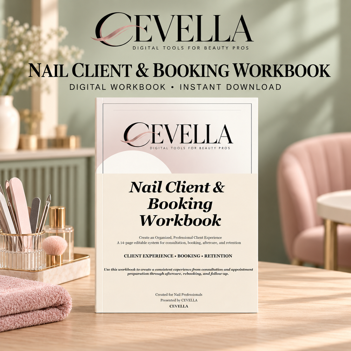 CEVELLA Nail Artist Client & Booking Workbook displayed in a nail salon setting