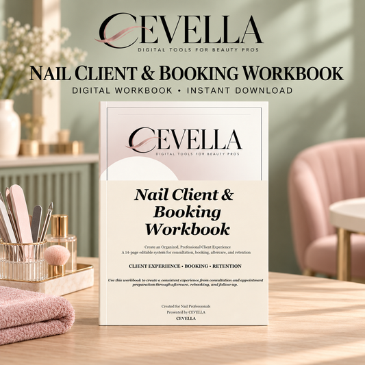 CEVELLA Nail Artist Client & Booking Workbook displayed in a nail salon setting
