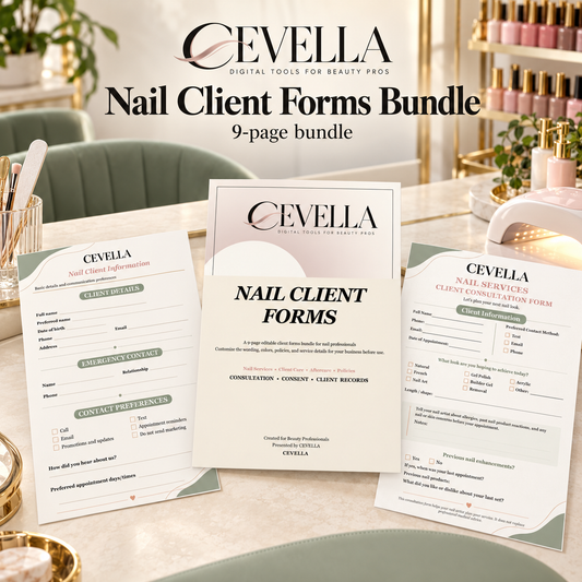 CEVELLA Nail Client Forms Bundle displayed in a nail salon setting