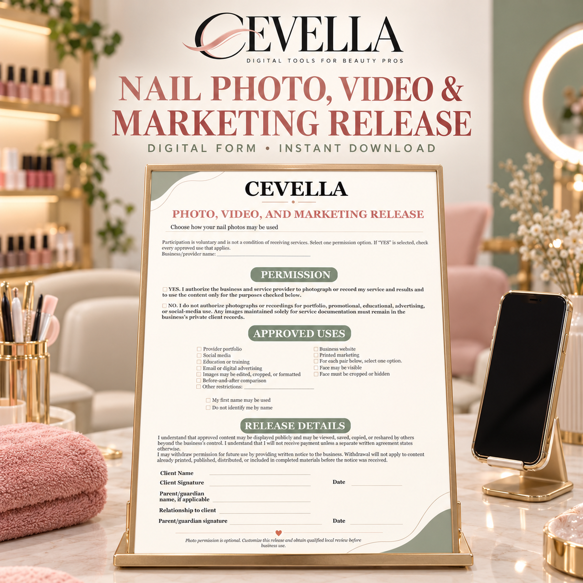 CEVELLA Nail Photo, Video, and Marketing Release displayed in a nail salon setting