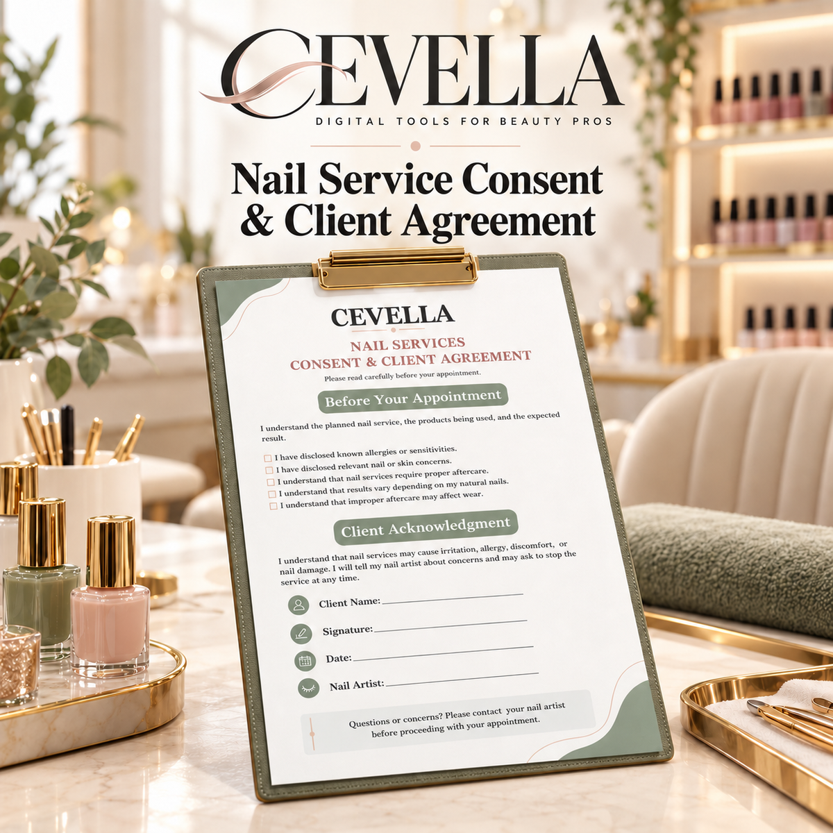 CEVELLA Nail Service Consent & Client Agreement displayed in a nail salon setting